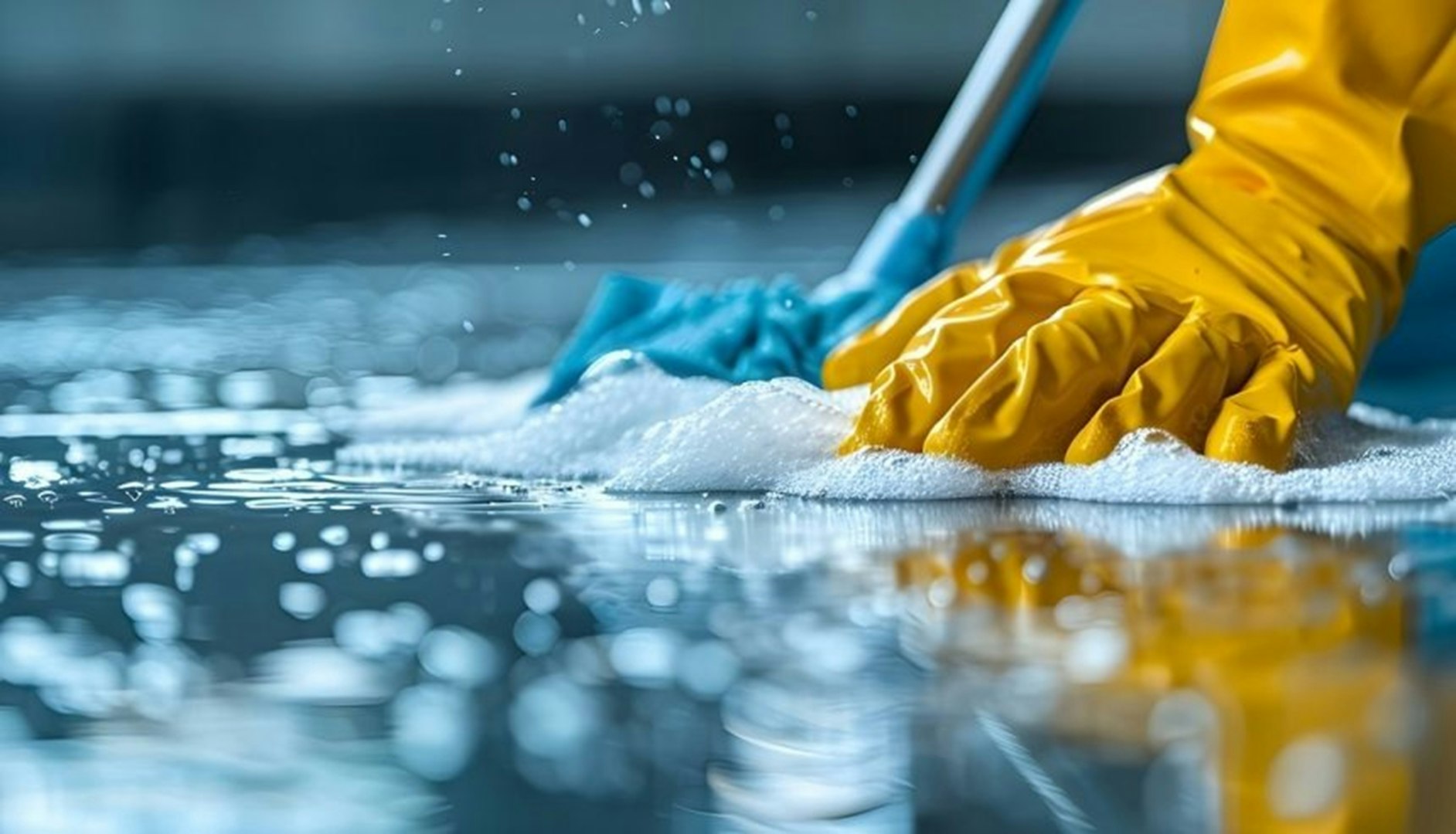 Aerial view of a cleaning crew in a modern office space, with two individuals using mops and a vacuum cleaner, and one person cleaning stairs. All are dressed in blue overalls and wearing yellow gloves. The environment features plants and contemporary furniture.